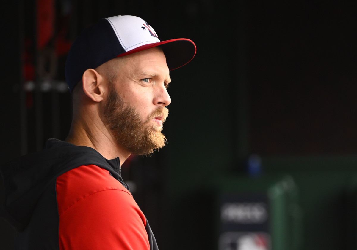 Stephen Strasburg looks to the side with a hat on